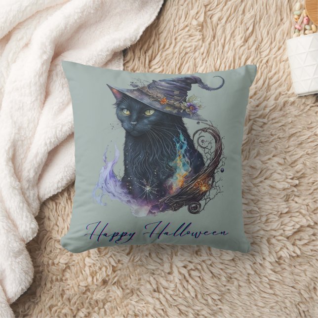 Coussin Chat noir dans un chapeau de sorcière Vert Joyeux  (Couverture)