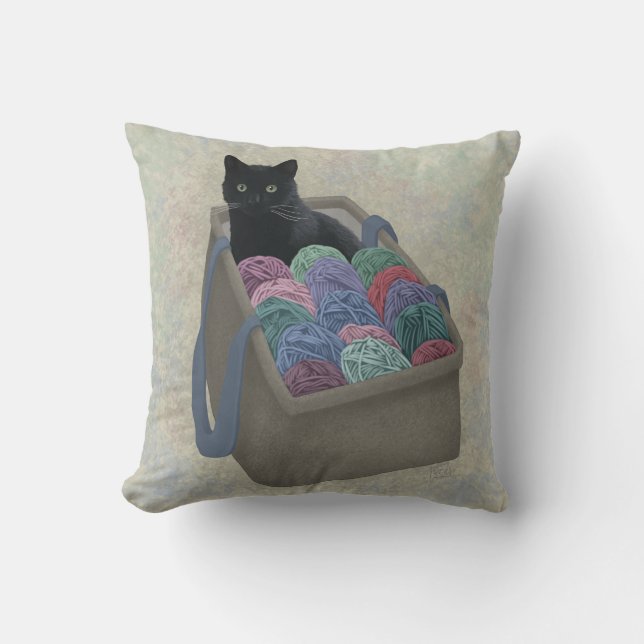 Coussin Chat noir dans un sac de laine  (Recto)