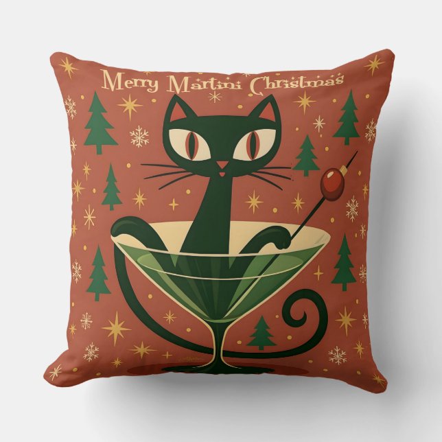 Coussin Chat noir de la mi-siècle Merry Martini Noël (Recto)