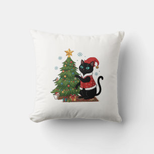 Coussin Chat noir de Noël Chapeau de Père Noël Arbre Souri