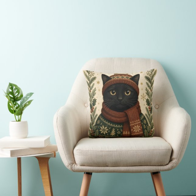 Coussin Chat noir de Noël vintage (Chaise)