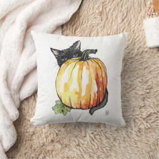 Coussin Chat noir derrière l'oreiller à lancer Citrouille