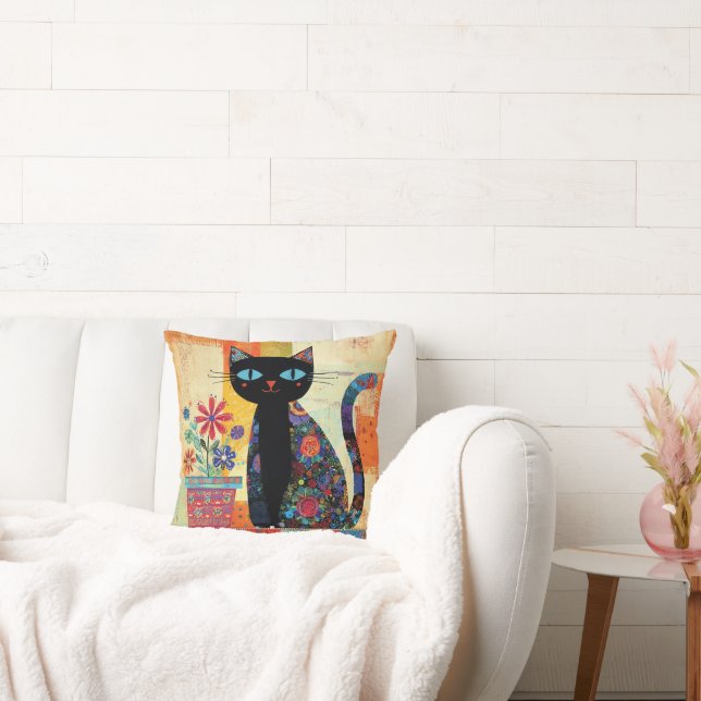 Coussin Chat Noir Dessin Artistique Fantaisiste (Canapé)