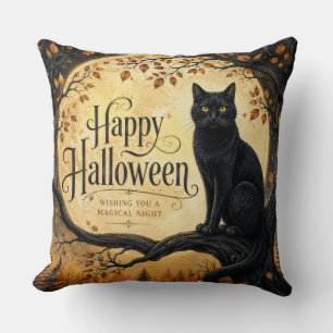 Coussin Chat noir d'Halloween arbre pleine lune