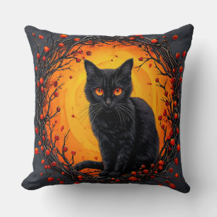 Coussin Chat noir d'Halloween aux yeux lumineux