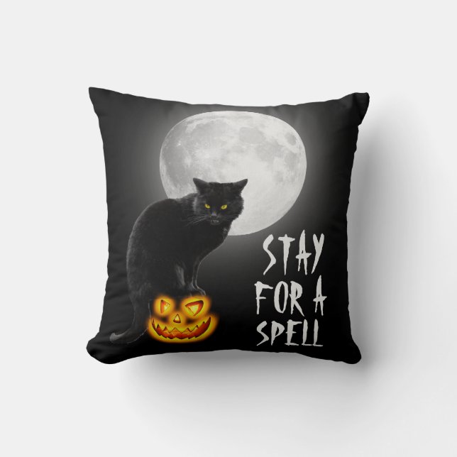 Coussin Chat noir d'Halloween avec lune (Recto)