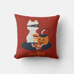 Coussin Chat noir d'Halloween déguisé en momie