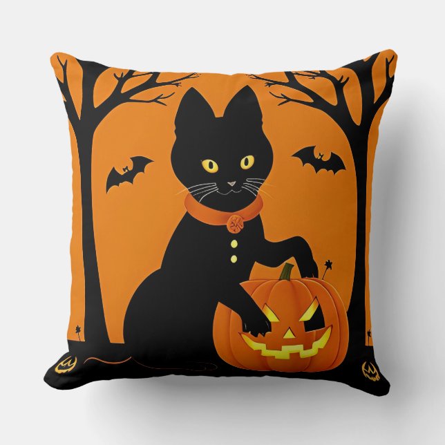 Coussin Chat noir d'Halloween entouré de citrouilles (Recto)