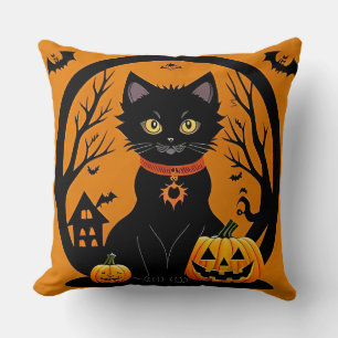 Coussin Chat noir d'Halloween entouré de citrouilles