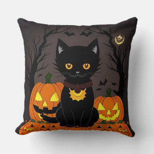 Coussin Chat noir d'Halloween entouré de citrouilles-lante