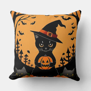 Coussin Chat noir d'Halloween entouré de citrouilles lumin