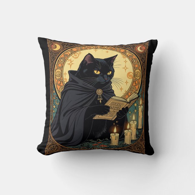 Coussin Chat noir d'Halloween lisant un livre (Recto)