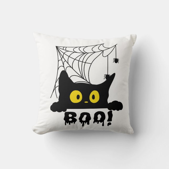 Coussin Chat noir d'Halloween toile d'araignée (Recto)