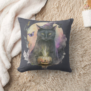 Coussin Chat noir en sorcières Casquette Halloween céleste