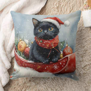 Coussin Chat noir en traîneau Laissez tomber la neige Noël