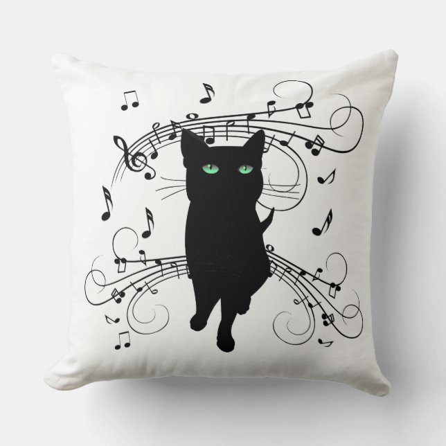 Coussin Chat noir entouré de notes de musique chuchotantes (Recto)