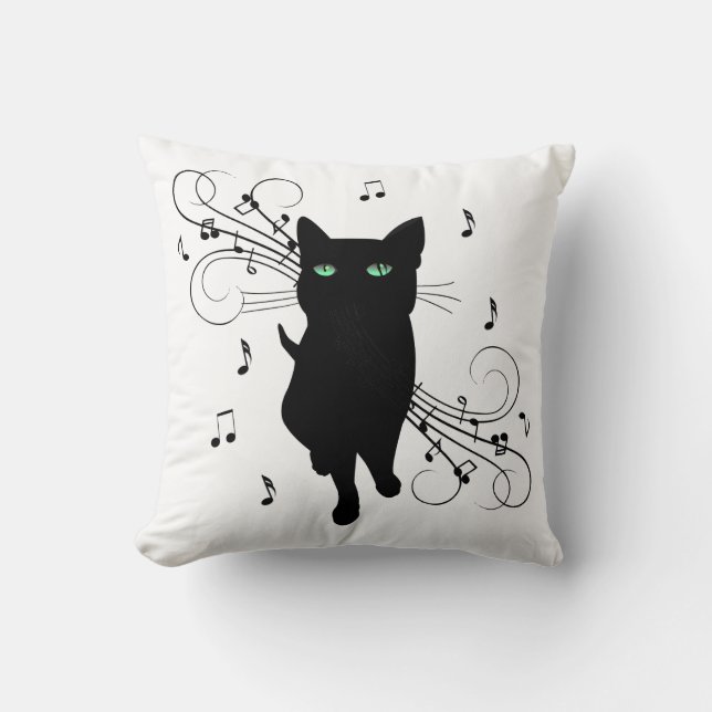 Coussin Chat noir entouré de notes de musique murmurantes (Recto)