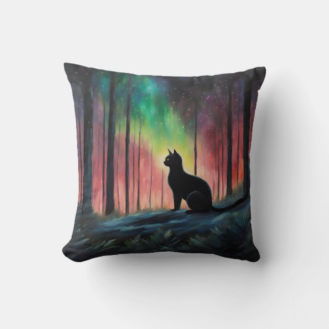 Coussin Chat noir et aurores boréales (Recto)