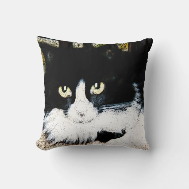 Coussin Chat noir et blanc 16X16 de carreau (Recto)