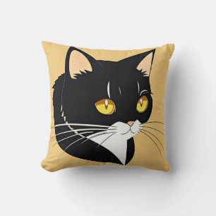 Coussin Chat noir et blanc aux yeux jaunes brillants