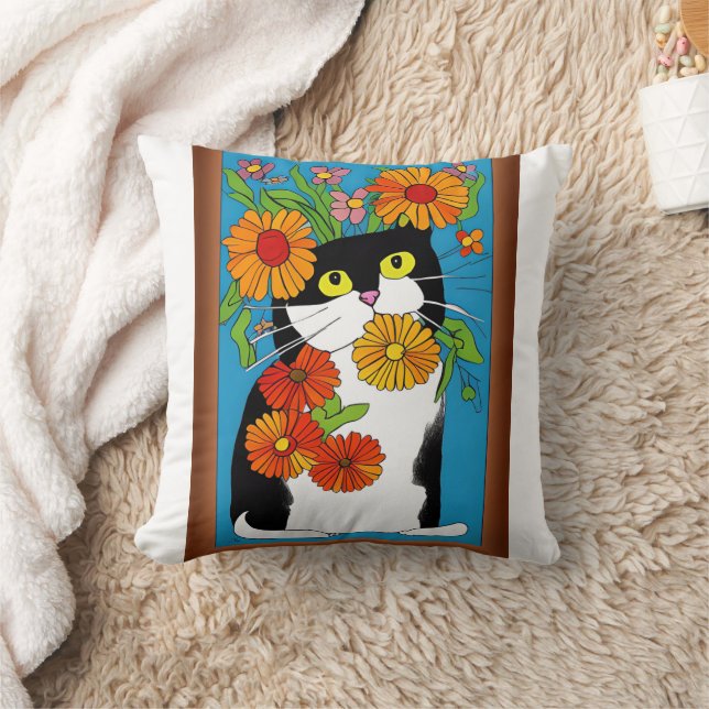 Coussin Chat noir et blanc avec des fleurs jaunes (Couverture)
