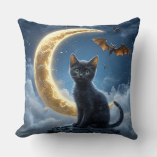 Coussin Chat noir et chauves-souris sous une lune de crois
