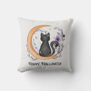 Coussin Chat noir et lune de croissant pour Halloween heur