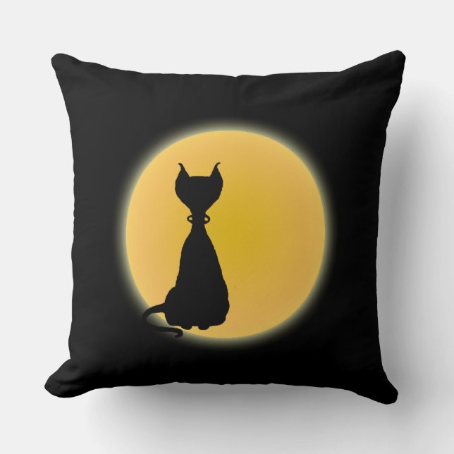 Coussin Chat noir et lune jaune Halloween Art (Recto)