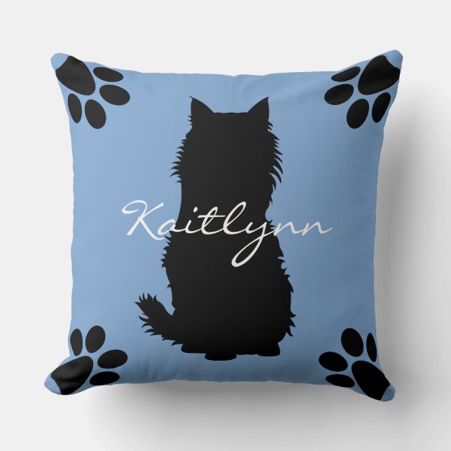 Coussin Chat noir et pattes pelucheux sur le bleu (Recto)