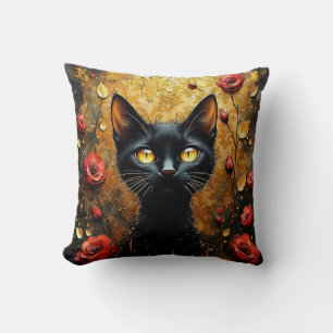 Coussin Chat noir et roses