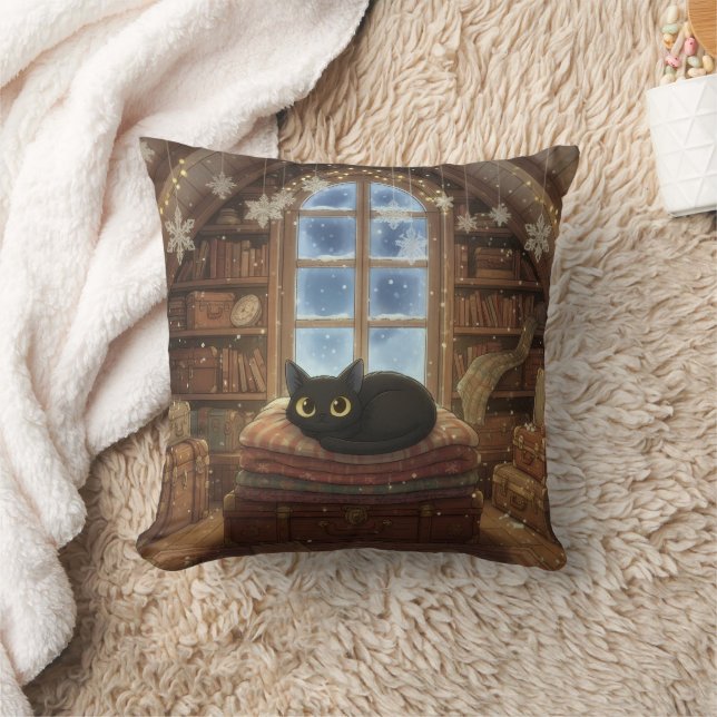 Coussin Chat noir fantaisiste vintage au grenier (Couverture)