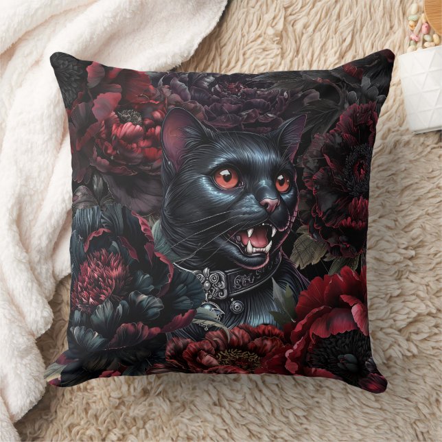 Coussin Chat noir gothique & Fleurs sombres (Couverture)