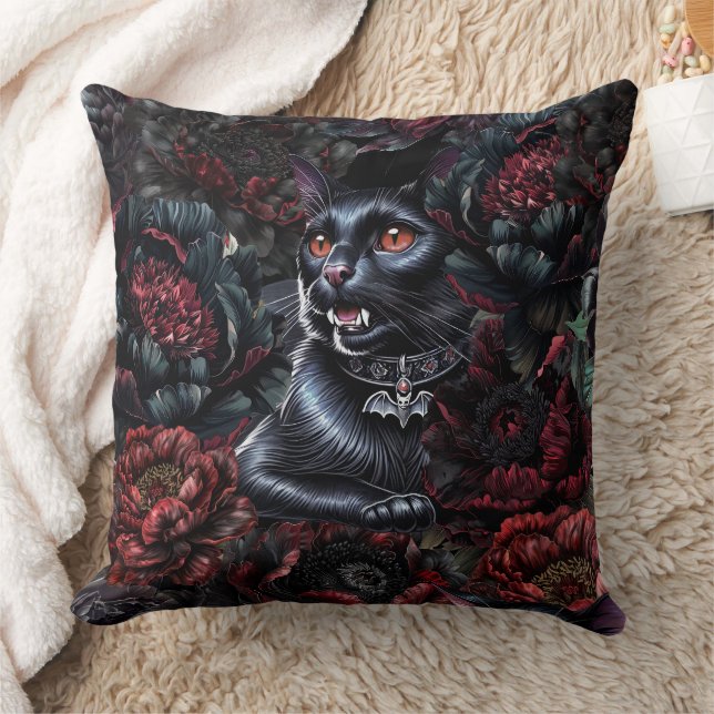 Coussin Chat noir gothique & Fleurs sombres (Couverture)