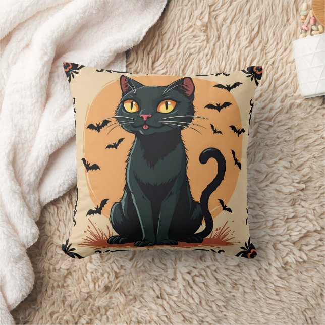 COUSSIN CHAT NOIR HALLOWEEN AVEC BATS (Couverture)