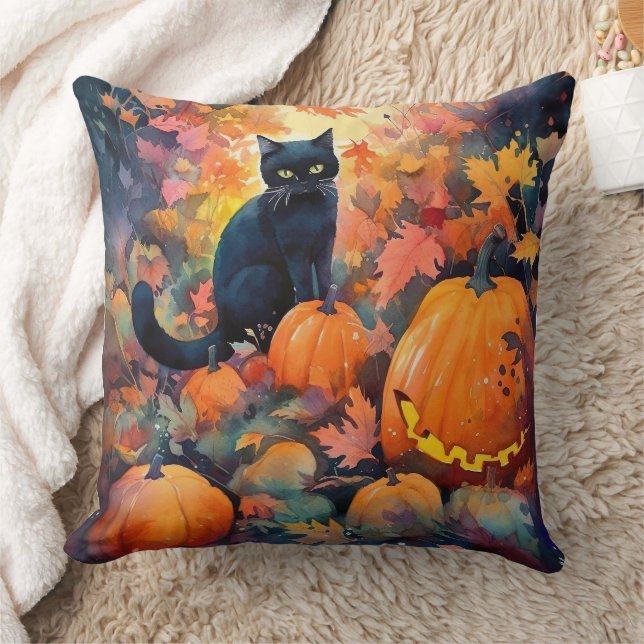 Coussin Chat noir Halloween avec citrouilles épouvantable (Couverture)