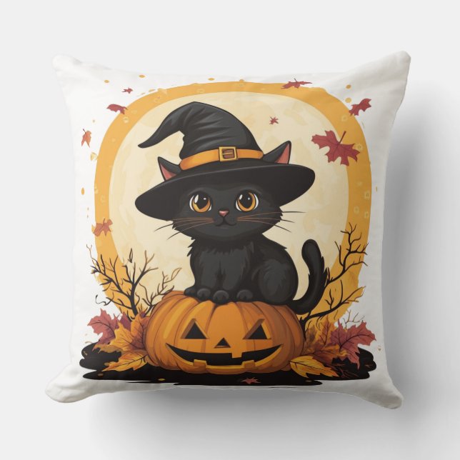 Coussin 🎃 Chat Noir Halloween : Félin Sorcier 🧙‍♂️ (Recto)