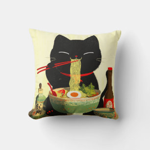 Coussin Chat noir heureux mangeant du Ramen Ukiyo-e japo