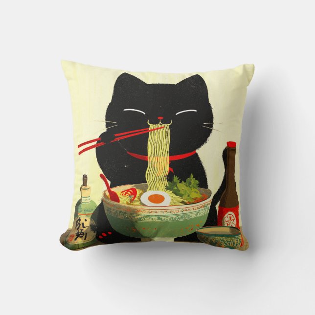 Coussin Chat noir heureux mangeant du Ramen | Ukiyo-e japo (Recto)