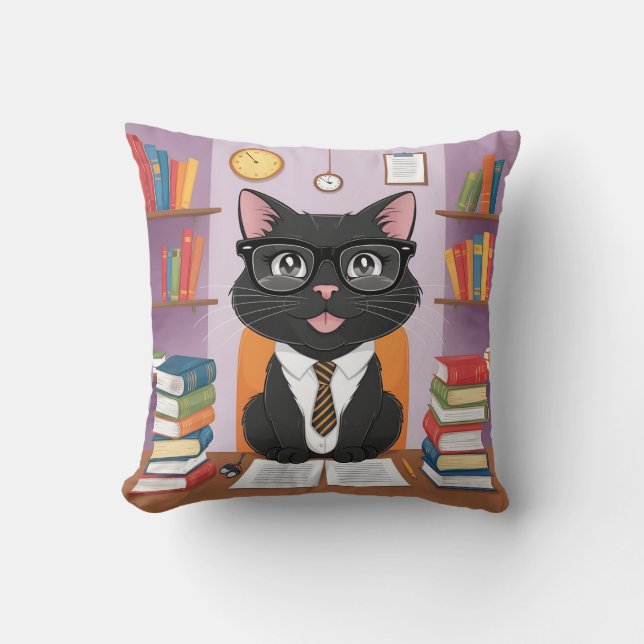 Coussin Chat noir intelligent et livres avec lunettes - Fu (Recto)