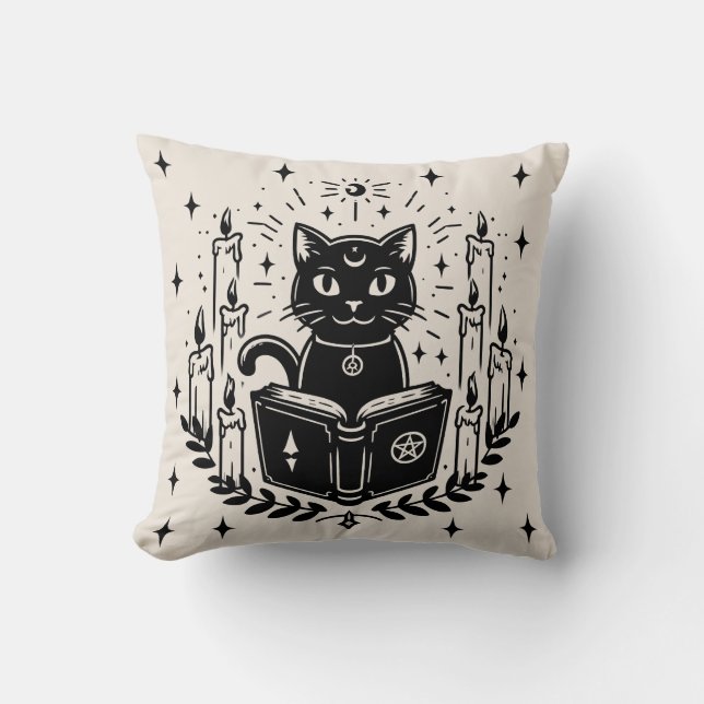 Coussin Chat noir lisant un livre épouvantable  (Recto)