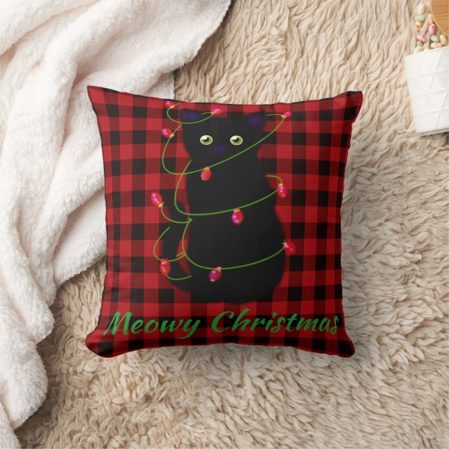 Coussin chat noir | Meowy Christmas | étoile scintillante (Couverture)