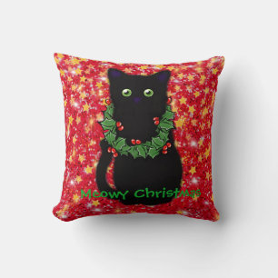 Coussin chat noir   Meowy Christmas   Holly garland