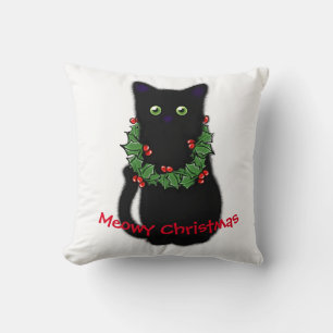 Coussin chat noir   Meowy Christmas   Holly garland