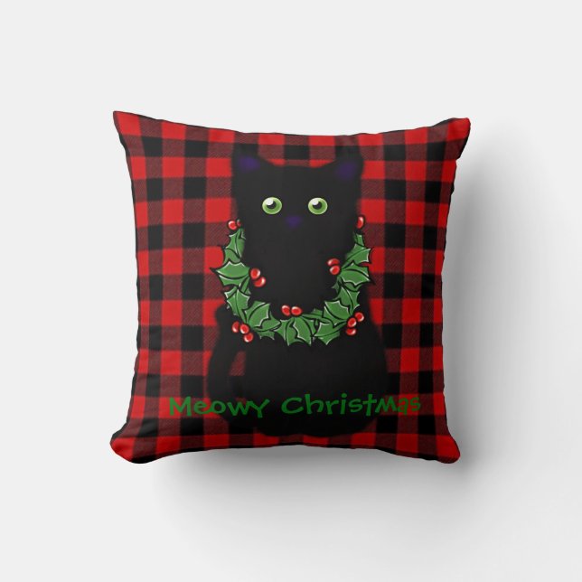 Coussin chat noir | Meowy Christmas | Holly garland (Recto)