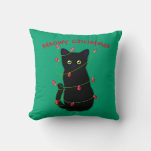 Coussin chat noir   Meowy Christmas   lumières à scintille