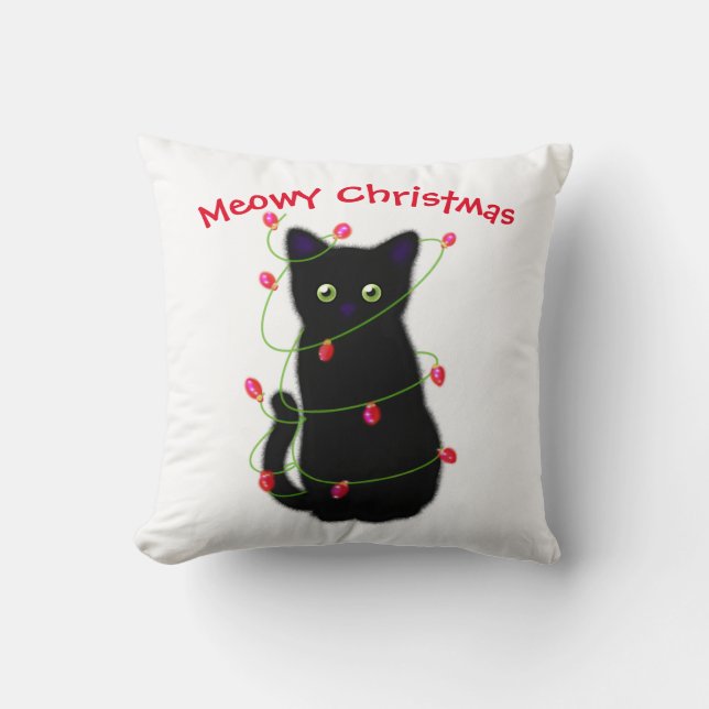 Coussin chat noir | Meowy Christmas | lumières scintillant (Recto)