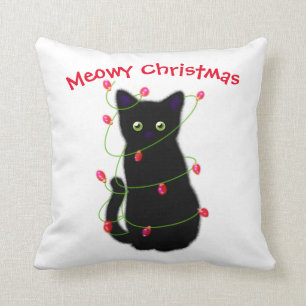 Coussin chat noir Meowy Christmas lumières scintillant