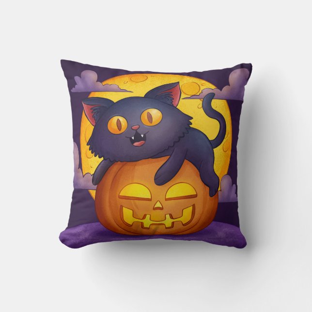 Coussin Chat noir mignon et Halloween Citrouille (Recto)