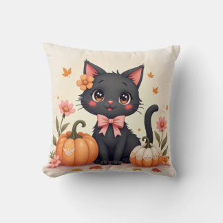 Coussin Chat noir mignon Halloween Cushion avec Citrouille