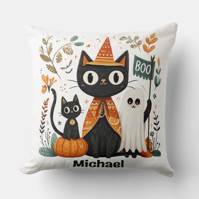 Coussin Chat noir mignon personnalisé et Halloween fantôme (Recto)